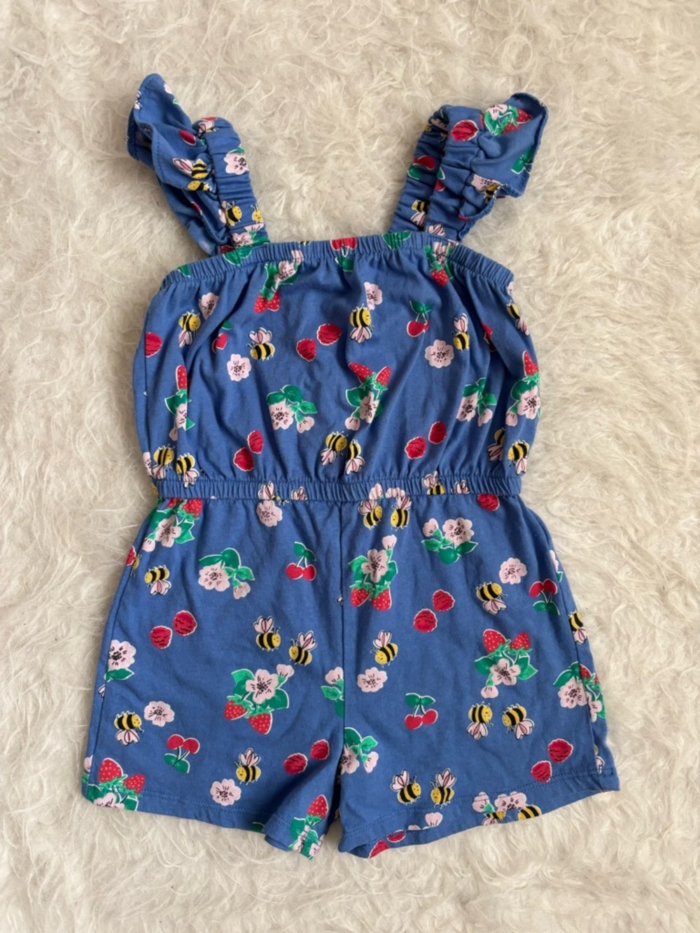 Old Navy Girl’s Farmer’s Market Ready Blue Floral, Bee & Fruit Print Romper